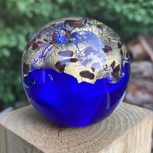 Robert Held Art Glass Gold Fleck Brown and Royal Blue Sphere Paperweight